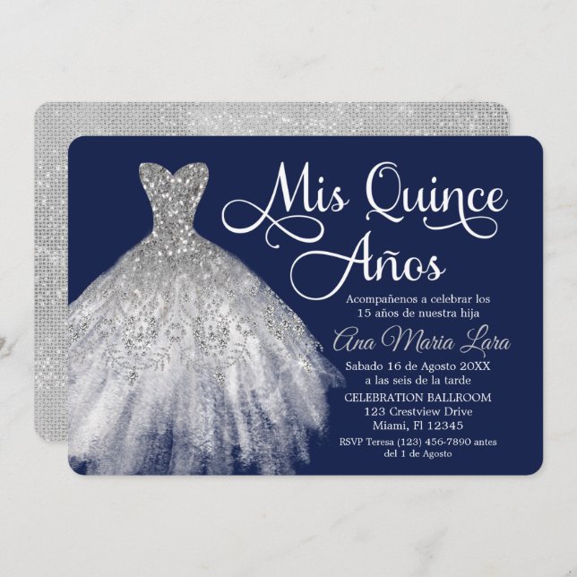 Mis Quince Años Invitación de Quinceañera Azul (Anverso / Reverso)