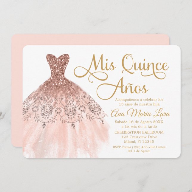 Mis Quince Años Invitación de Quinceañera Rosada (Anverso / Reverso)