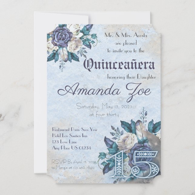 Mis Quince Dusty Blue Invitación Floral (Anverso)