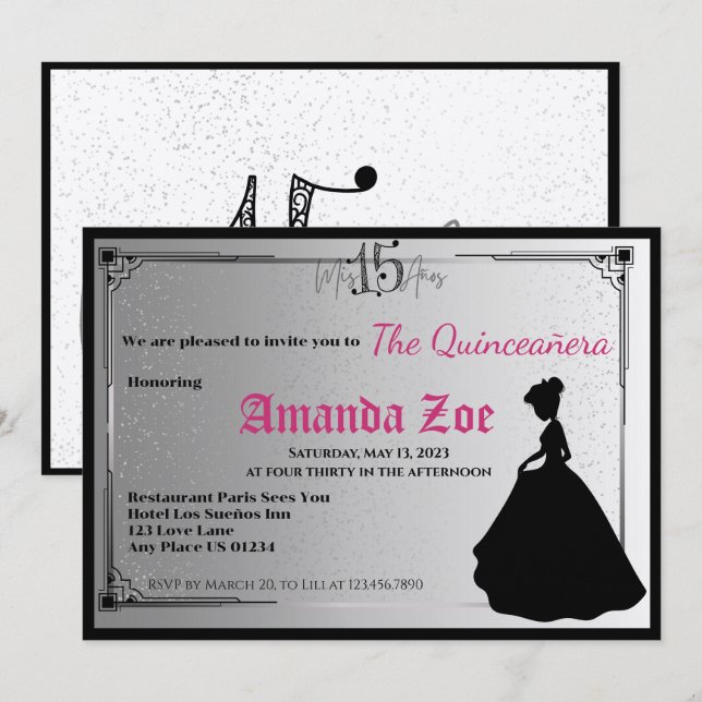 Mis Quince Invitación Elegante Blanco y Negro (Anverso / Reverso)