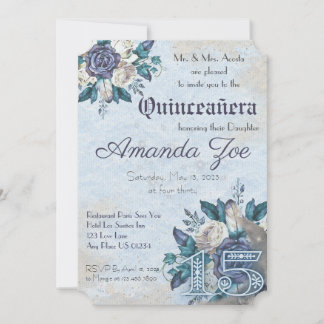 Mis Quince Invitación Floral Azul Polvo