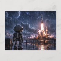 Misión espacial Robot en la lluvia en la postal