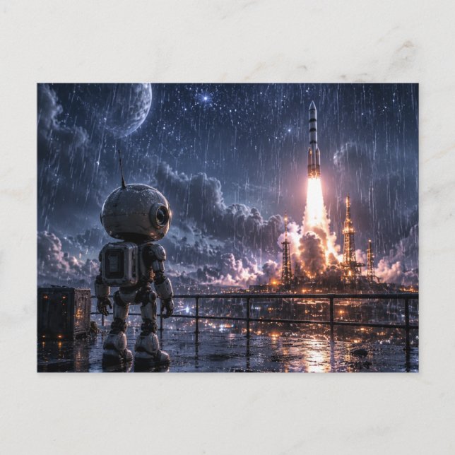 Misión espacial Robot en la lluvia en la postal (Anverso)