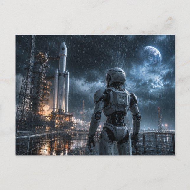 Misión espacial Robot en la lluvia en la postal (Anverso)