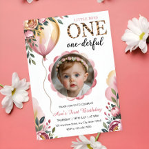 Miss Onederful Globo Rosa Invitación de Foto de Cu