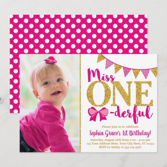 Miss OneMaravillosa Invitación de cumpleaños (Anverso / Reverso)