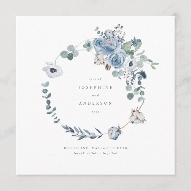 Misty Blues Wreath Save the Date Menu (Anverso)