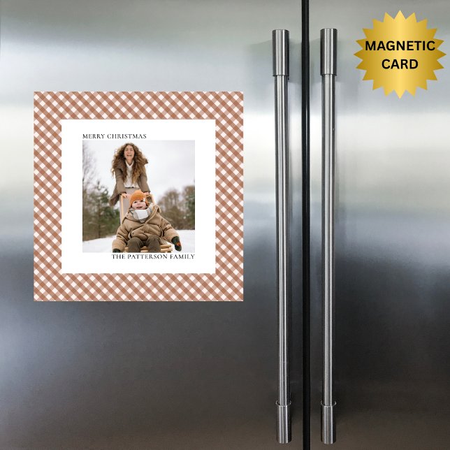 Mocha Brown Gingham Photo Magnet Christmas Card (Subido por el creador)