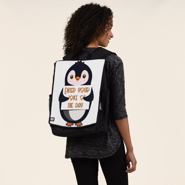 Mochila A penguin holding a sign with custom text (Puesto)