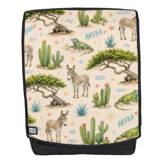 Mochila árbol divi de Aruba, burro, iguana, cactus (Anverso)