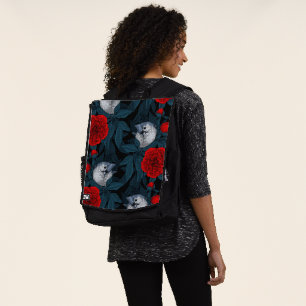 Mochila Aves y flores de peón rojo con hojas azules