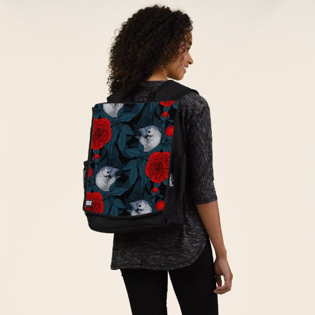 Mochila Aves y flores de peón rojo con hojas azules (Puesto)