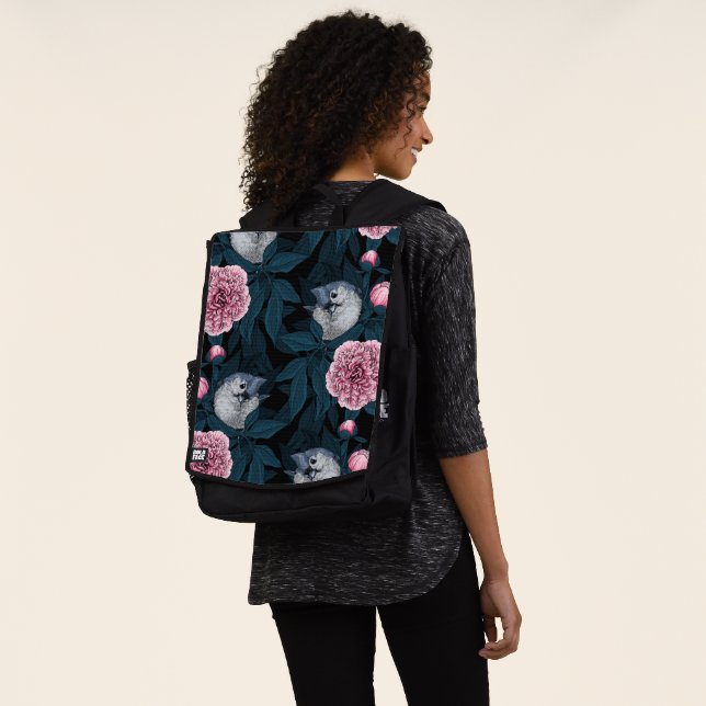 Mochila Aves y flores de peón rosadas con hojas (Puesto)