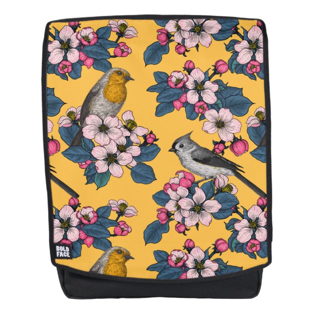 Mochila Aves y flores en amarillo (Anverso)
