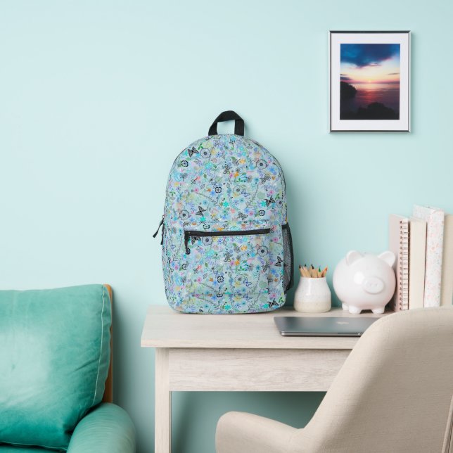 Mochila azul floral de mariposa (in situ)