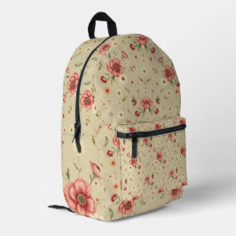 Mochila beige vintage con patrón floral rojo