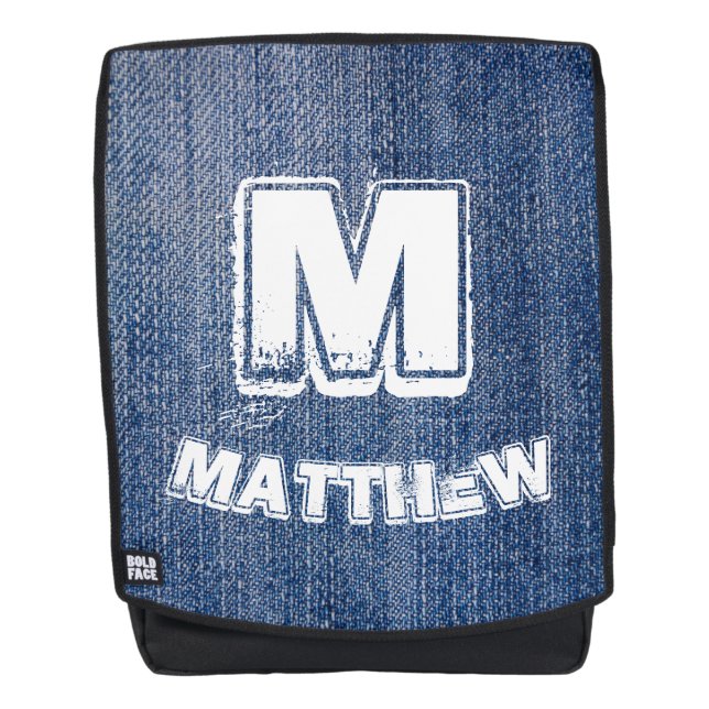 Mochila Bue Jeans Monograma Blanco Y Nombre Personalizado (Anverso)
