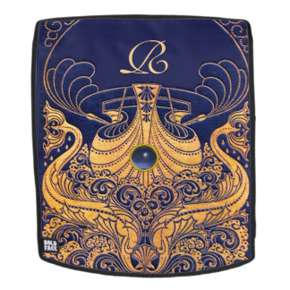 Mochila Buque antiguo, delfines, oro, monograma azul marin