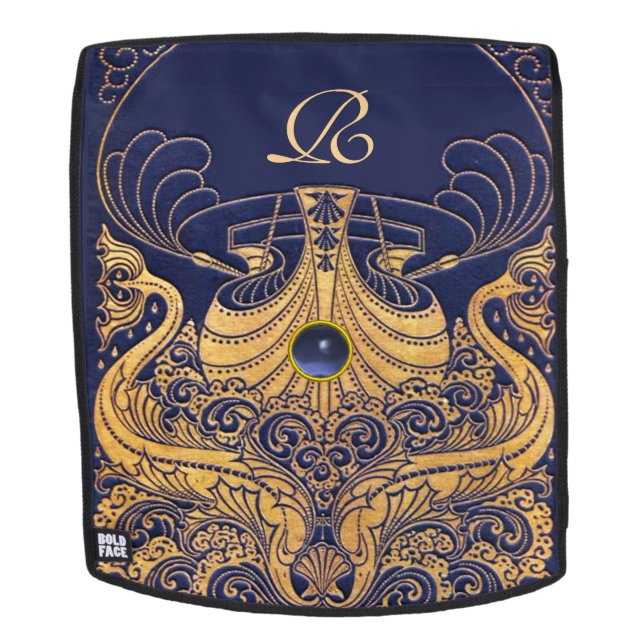 Mochila Buque antiguo, delfines, oro, monograma azul marin (Cara extraíble)