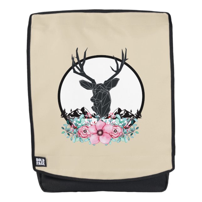 Mochila Cabeza de ciervo negro con flores y montañas rosas (Anverso)