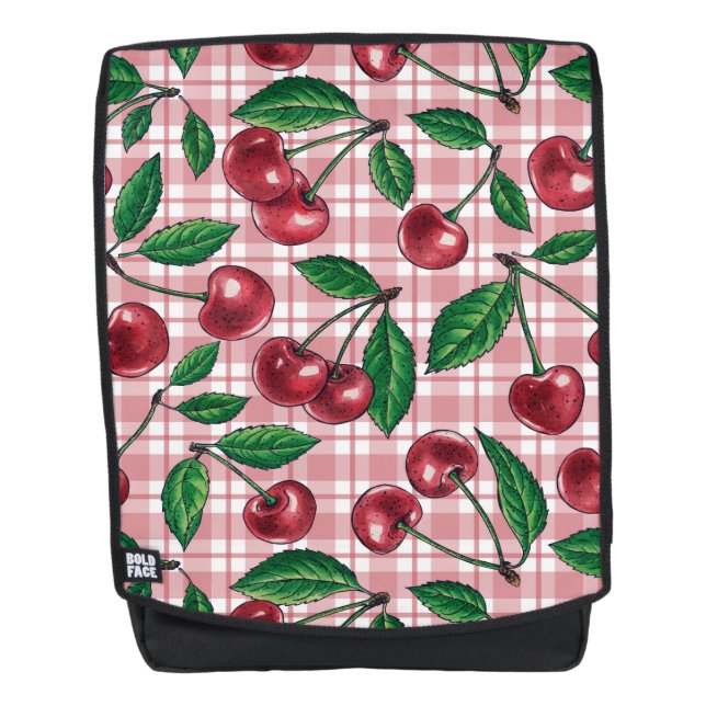 Mochila Cerezas rojas en gingham rosa (Anverso)