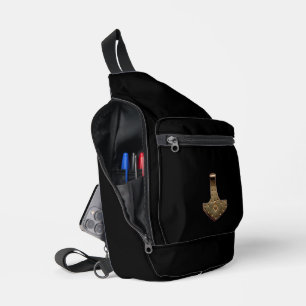 Mochila con correa negra Martillo de Thor dorado