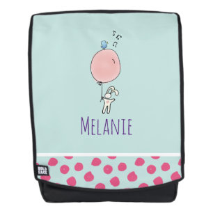 Mochila Conejito lindo sostiene un globo con pájaro azul a
