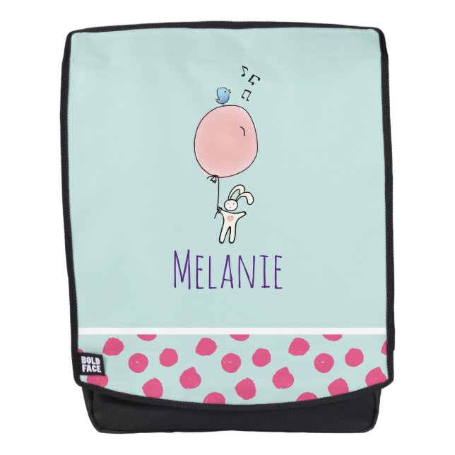 Mochila Conejito lindo sostiene un globo con pájaro azul a (Anverso)