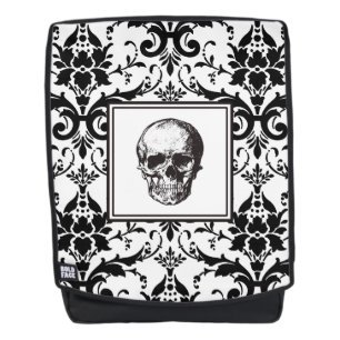 Mochila Cráneo con Patrón de Damasco Gótico en Blanco y Ne