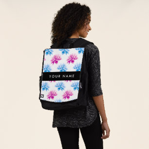Mochila Dalia rosa y azul, patrón floral, tu nombre