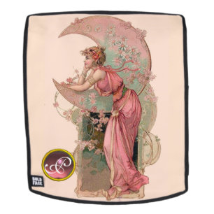 MOCHILA DAMA DE LA LUNA CON FLORES EN MONOGRAMA ROSA