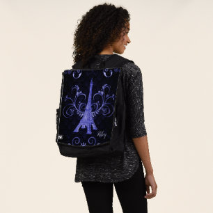 Mochila de la Torre Eiffel Púrpura Floral Swirls