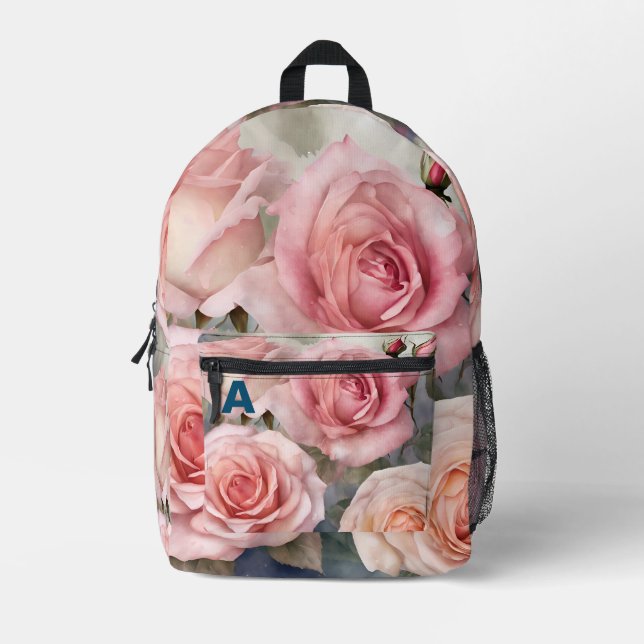 Mochila de Rosas de acuarela monogramo personaliza (Anverso)