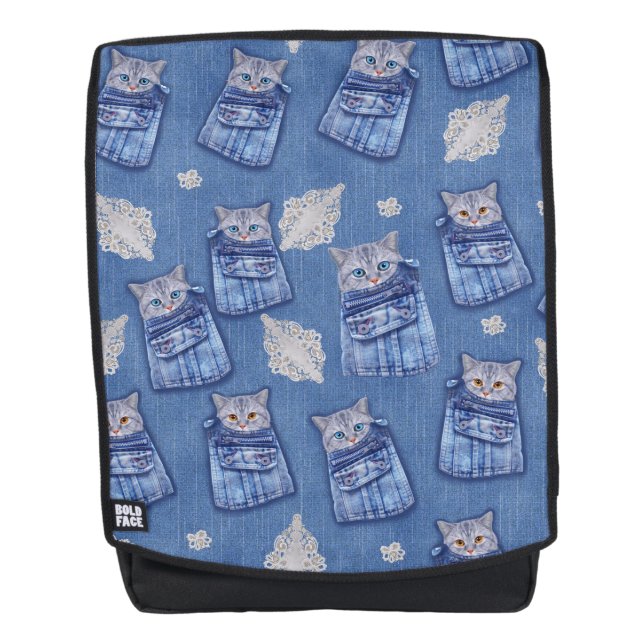 Mochila Denim Jeans de bolsillo, gatitos y encaje (Anverso)