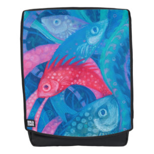 Mochila desove, peces, arte submarino, azul, rosa, menta