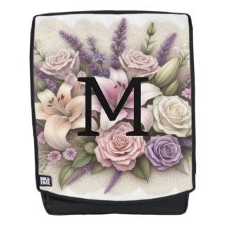 Mochila Encaje de monograma floral rosas púrpura lirios la
