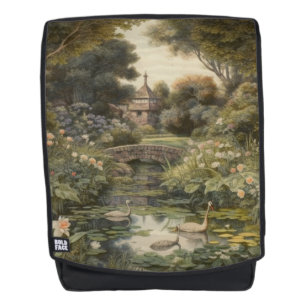 Mochila Escena botánica de cisnes en un jardín inglés