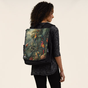 Mochila Escena botánica de loros y piñas