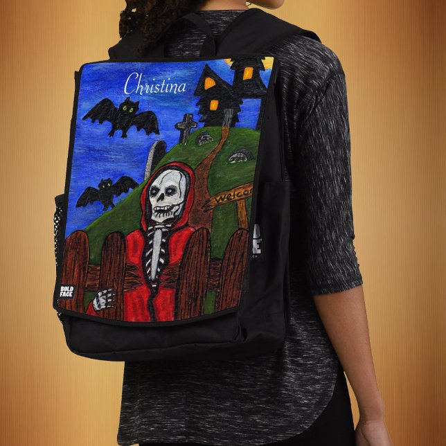 Mochila Espeluznante Grim Reaper Skeleton Red Cape Bats (Grim Reaper red Cape Haunted house cemetery bats in blue night sky on back pack.)