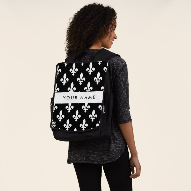 Mochila Fleur de Lis, Blanco sobre Negro, Blanco, Tu Nombr (Puesto)