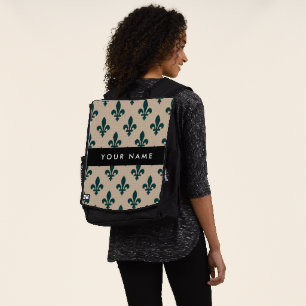 Mochila Fleur de Lis, Verde sobre Beige, Real, Tu Nombre