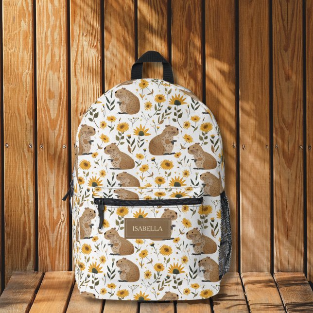 Mochila floral Cute Capybara (cute capy capybara sunflower floral backpack with custom name for back to school supplies)