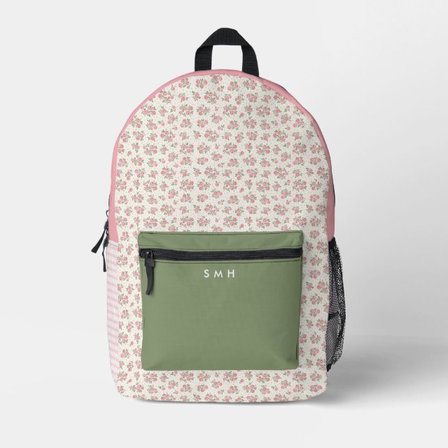 Mochila floral rosa y gingham personalizada (Anverso)