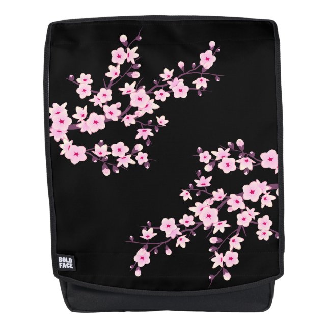 Mochila Florales Flores de Cerezo Negras Rosadas (Anverso)
