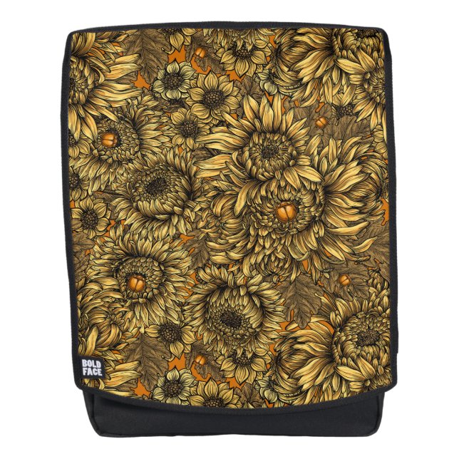 Mochila Flores de crisantemo amarillo y escarabajos naranj (Anverso)
