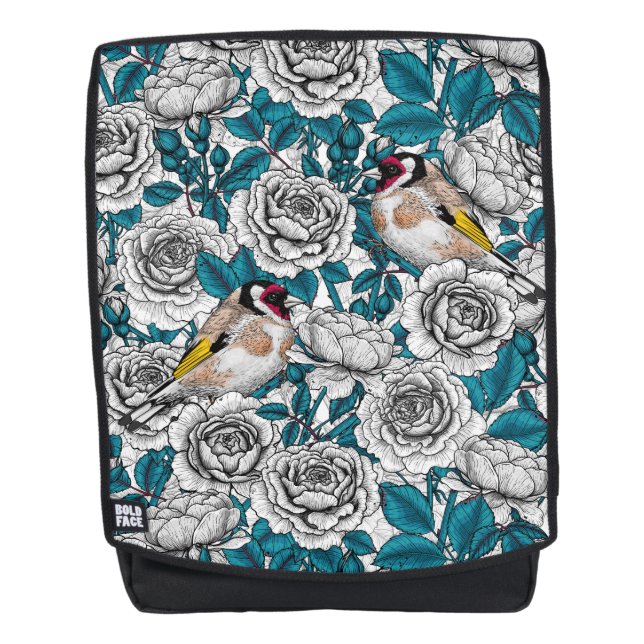 Mochila Flores de rosa blanca y pájaros dorados (Anverso)