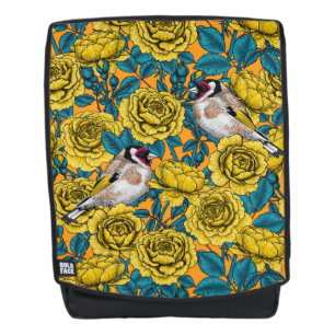 Mochila flores de Rosa y pájaros dorados