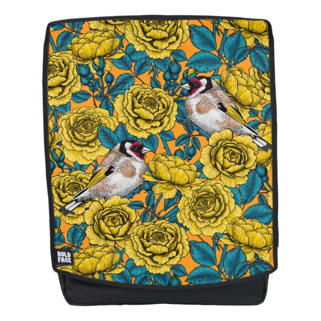 Mochila flores de Rosa y pájaros dorados (Anverso)