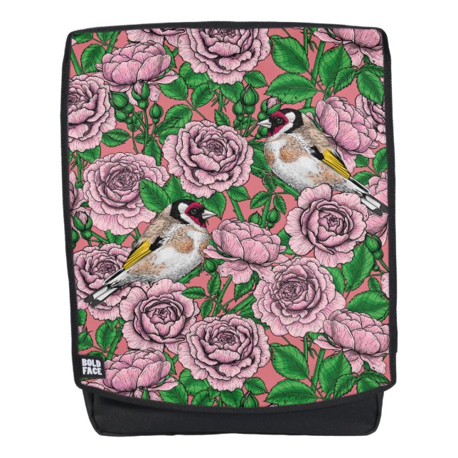 Mochila Flores rosa y pájaros dorados (Anverso)