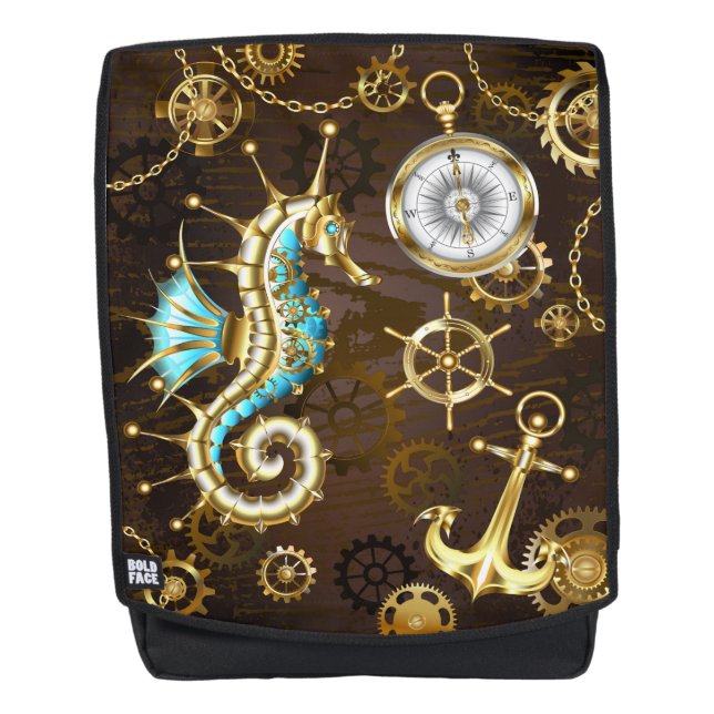 Mochila Fondo de madera con caballito de mar mecánico (Anverso)
